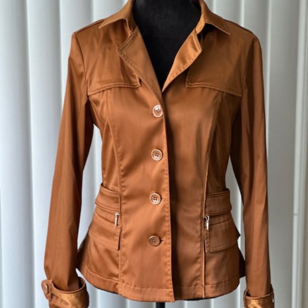 Women's White House Black Market Short Button Trench Jacket Cognac Size M